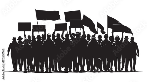 Silhouette of people protesting with flags and banners