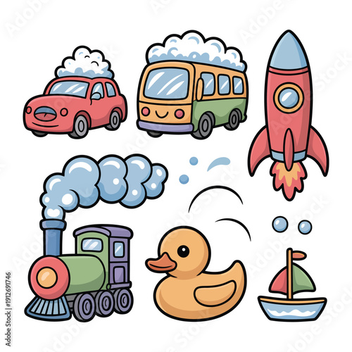 Whimsical Transport Collection: A colorful collection of illustrations showcases various modes of transport, from a car, bus, rocket, and train. It's a delightful mix.