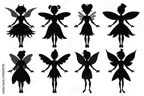 Vector set of dancing girls and butterfly silhouettes in black decorative style