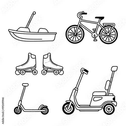 Modes of Movement: A collection of various modes of transportation, illustrating a diverse selection of vehicles and activities for leisure and mobility. 