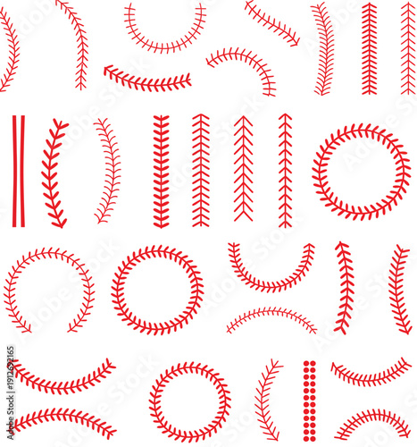 Red stitches of baseball stitch, red stitch or stitching of the baseball, red lace seam sign, flat style for ranked sports graphics, baseball illustrations, game equipment visuals, team branding, 