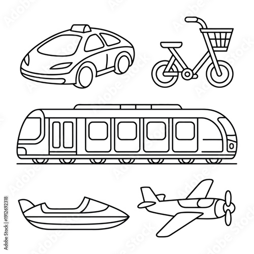 Transportation Collection: A curated set of line art illustrations featuring various modes of transport, perfect for conveying movement, travel, and connectivity.