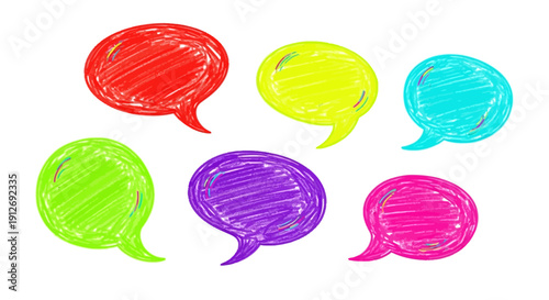 Colorful speech bubbles in various shapes and sizes are illustrated
