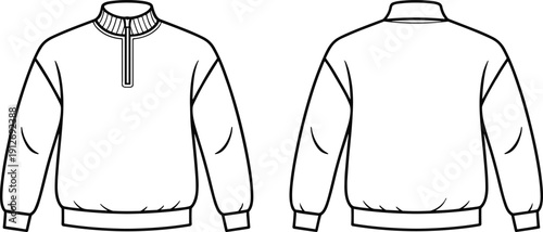 Quarter zip sweatshirt outline template, front and back view pullover mockup vector, minimalist casual apparel line art design