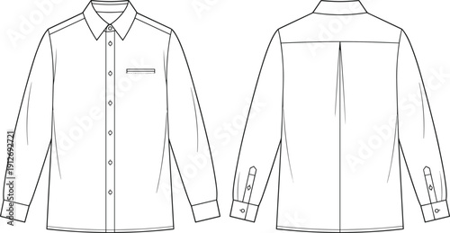 Classic long sleeve button shirt outline template, front and back view formal apparel mockup vector, minimalist clothing technical line art