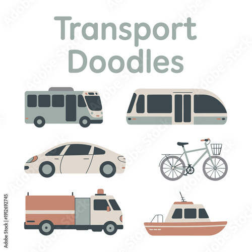 Transport Doodles: A collection of simple transport doodles on background, the doodle includes bus, train, car, bicycle, fire engine, and boat.