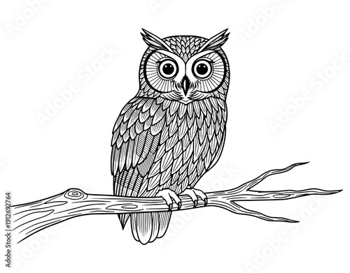 Detailed Owl Sitting on a Branch Line Art Illustration, Minimalist Owl Silhouette Vector Design, Wild Bird Portrait for Nature Conservation and Wildlife Protection Projects. 