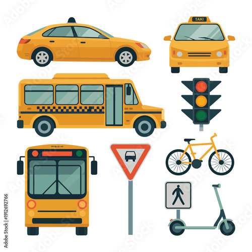 Yellow Transportation Collection: A vibrant compilation showcases various modes of yellow transportation, offering a diverse array of vehicle options, from taxi cabs and school buses to bicycles.