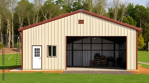 Steel building with garage door:  A modern pre-engineered steel building with a large garage door and windows, perfect for use as a workshop, garage, or storage unit.