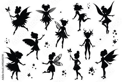 Black vector silhouettes of dancing girls and people forming a floral ornament pattern with summer butterflies and nature elements