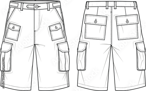 Utility cargo shorts outline template, front and back view pocket apparel mockup vector, minimalist casual menswear technical line art design