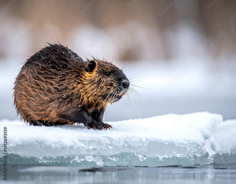 Obraz premium Wet rodent on icy floe, set against a blurred snowy backdrop