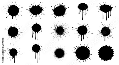 black ink splatters versatile paint blots and dripping grunge elements isolated on white perfect for abstract graphic design.