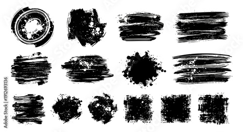 black paint strokes grunge textures and ink splatters creating a versatile collection of abstract design elements for graphic projects