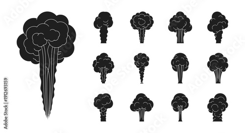 black smoke and steam cloud icons collection illustrating industrial pollution explosion and vapor effects perfect for environmental warnings game design or industrial graphics.