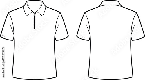 Zip neck polo shirt outline template, front and back view apparel mockup vector, minimalist casual clothing technical line art design