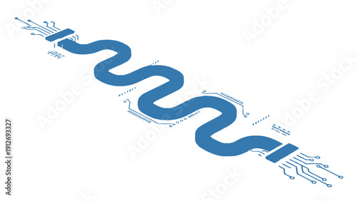 blue winding line with circuit board connections illustrating digital data flow network communication and modern tech concepts.