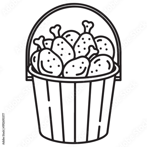 Minimalist line art illustration of a bucket filled with fried chicken drumsticks, representing a classic fast food takeout meal, perfect for coloring pages or menu icons.