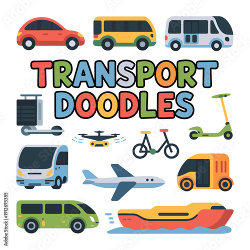 Transport Doodle Collection: A colorful collection of various transport vehicles, each uniquely designed, offering a playful illustration of different modes of transport.