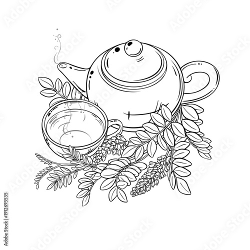 Cup of Licorice Tea aroma beverage Outline Illustration. Vector isolated for Design and Decoration for Cafeteria, Posters, Banners, Cards.