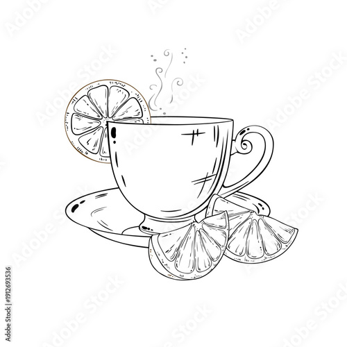 Cup of Lemon Tea aroma beverage Outline Illustration. Vector isolated for Design and Decoration for Cafeteria, Posters, Banners, Cards.