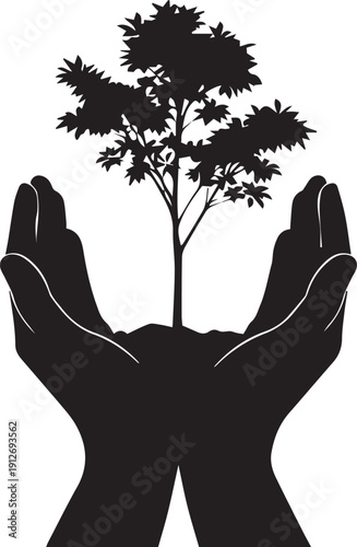 Pair of hands holding young sapling growing in soil conceptual vector silhouette illustration line art