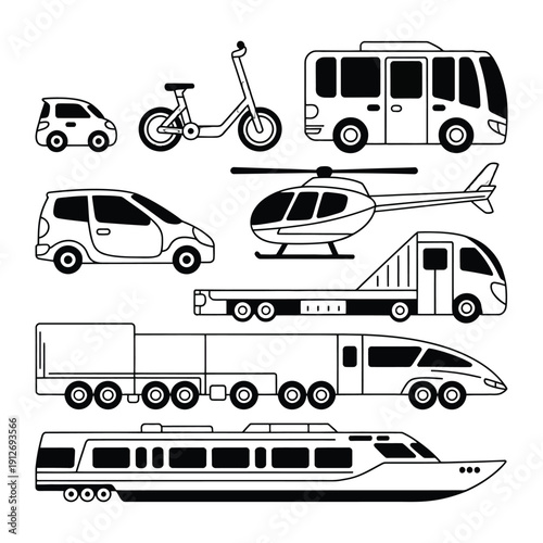 Diverse Transportation Illustration: A collection of various modes of transportation, from cars and scooters to buses, helicopters, and trains, illustrating diverse ways of movement and travel.