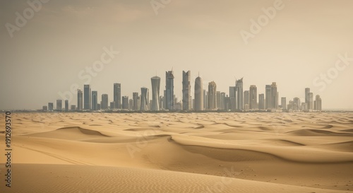 Doha skyline visible beyond vast sandy dunes in the desert with many tall buildings