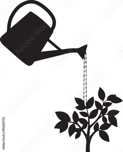 Watering can pouring water onto small young growing tree plant silhouette vector illustration line art