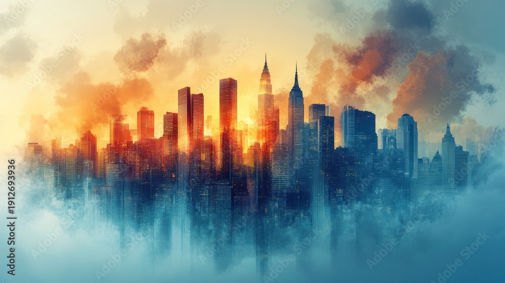 Fototapeta premium A modern cityscape emerges from a sea of clouds at sunset.