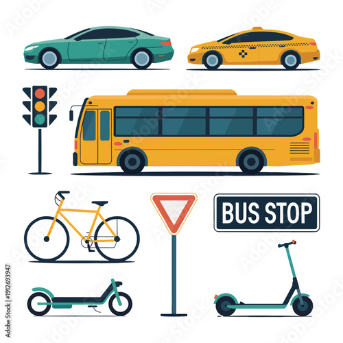 Urban Transport Collection: A curated collection of diverse urban transportation options, showcasing the variety of ways people traverse the cityscape, including car, bus, bicycle, and scooter.