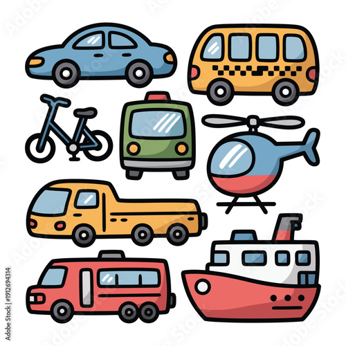 Transportation Collection: A delightful array of illustrated transportation vehicles, offering a comprehensive overview of various modes of transport.