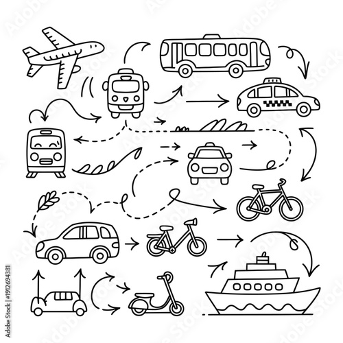 Traveling Options Illustrated: A captivating doodle showcases various modes of transportation, seamlessly interconnected with arrows, symbolizing travel routes and choices.
