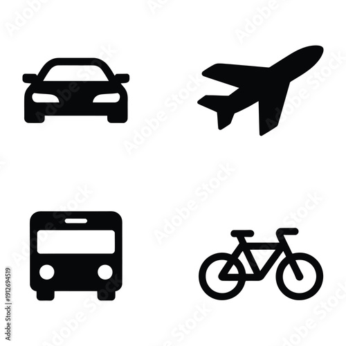Transportation Silhouettes: A minimalistic design of common transport vehicles, a sleek car, an airplane soaring, a city bus ready for the journey, and a bicycle for an eco-friendly ride.