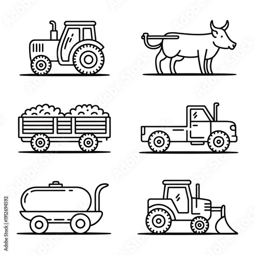 Farm Life Illustration: A collection of simple line art illustrations depicting various elements of farm life, showcasing the tools and animals essential to agriculture.
