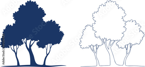 Dark blue silhouette and outline of three trees
