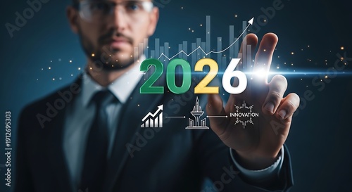 A businessman in a suit interacting with a futuristic interface displaying the year 2026 and various business-related graphics.