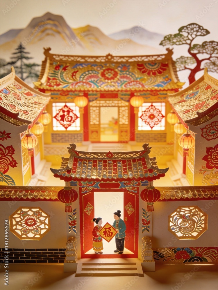 Obraz premium Traditional Chinese Courtyard Paper Art 3D Scene, Spring Festival Blessing Folk Custom