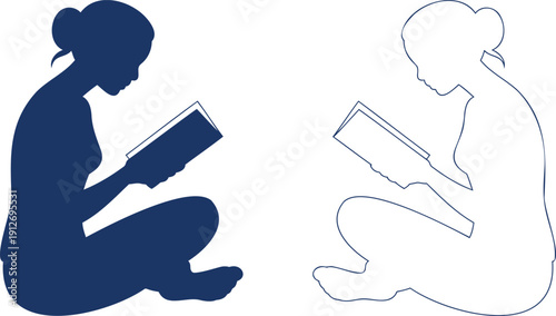 Silhouette of a woman reading a book cross-legged