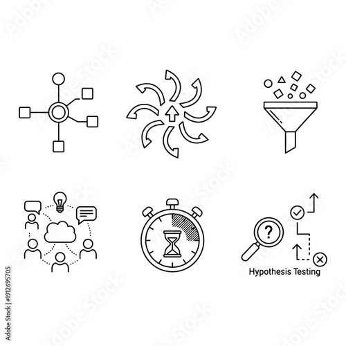 business and data strategy icons illustrating process flow filtering hypothesis testing team collaboration time management.