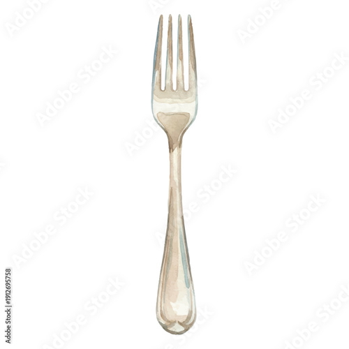 Classic Fork Cutlery, Minimal Summer Tableware, Watercolor Vector Illustration Isolated on White
