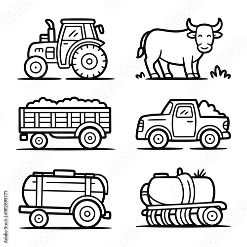 Farm Vehicle Illustrations: An array of farm vehicles, presented in simple, bold lines, depicting the essential machines used in agriculture