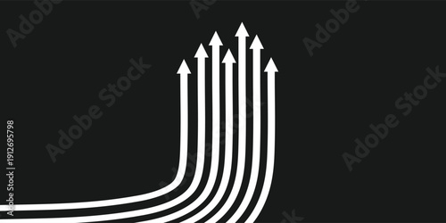 White arrows curving upwards on a black background symbolizing growth and progress.