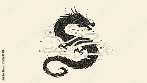 chinese dragon illustration gracefully soaring through mystical clouds symbolizing power prosperity oriental culture ideal for graphic design.
