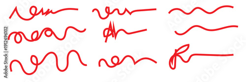 Red Marker Scribble Strokes Collection Set. Set of red marker scribble strokes and highlights isolated on transparent background, ideal for design elements, annotations, and creative accents.
