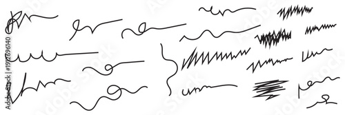 Black Marker Scribble Strokes Collection Set. Set of black  marker scribble strokes and highlights isolated on transparent background, ideal for design elements, annotations, and creative accents.
