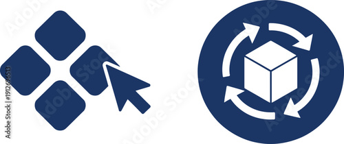 Blue cursor arrow and cube with circular arrows click