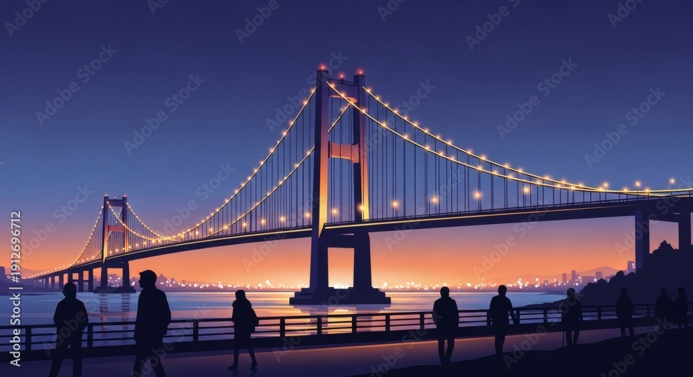 Fototapeta premium Illuminated Suspension Bridge at Sunset with City Skyline – Urban Travel and Architecture Concept