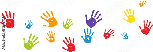 Creative paint hands prints. Happy childhood design. Artistic kids stamp, bright human fingers and palm. Vector illustration.Handprints icon vector illustration. Colorful and Black handprints set.