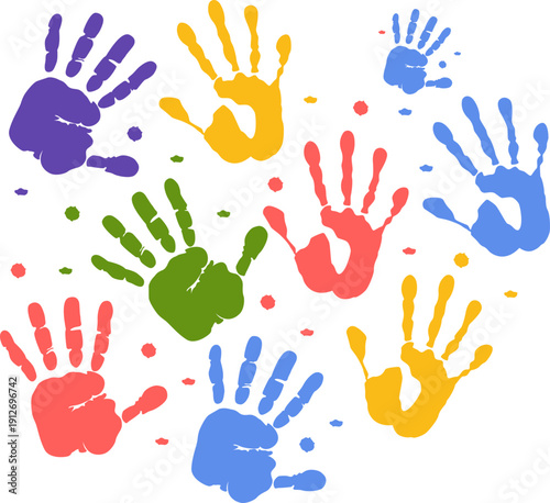Creative paint hands prints. Happy childhood design. Artistic kids stamp, bright human fingers and palm. Vector illustration.Handprints icon vector illustration. Colorful and Black handprints set.